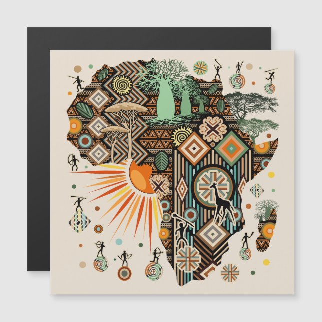Afrika-Karte Dekorative Stammes-Elemente Muster Magnetkarte (Vorne/Hinten)