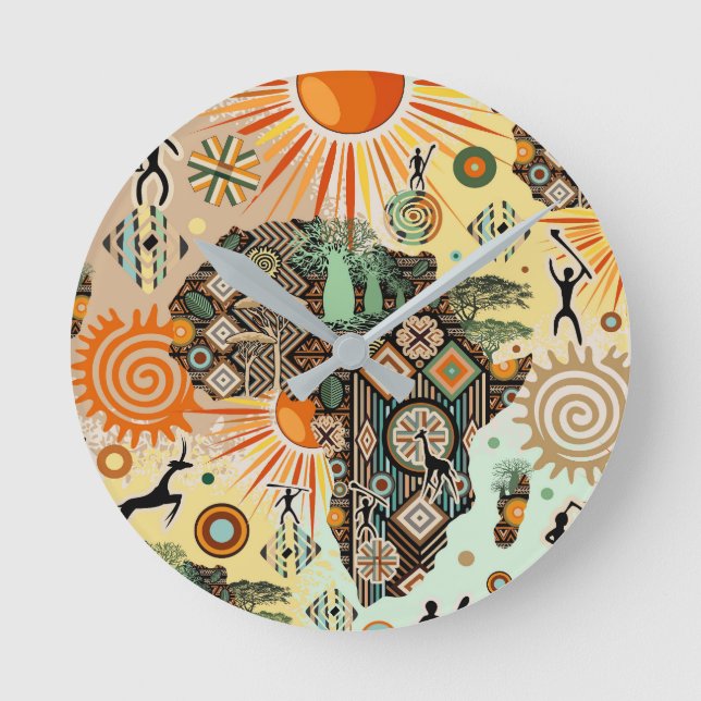 Afrika-Karte Dekorative Stammes-Elemente Muster Runde Wanduhr (Vorderseite)