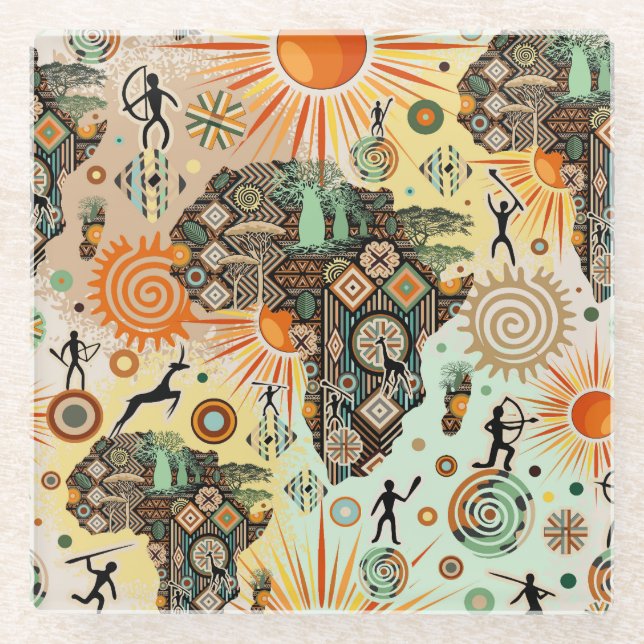 Afrika-Karten-Dekorative-Stammes-Elemente-Muster Glasuntersetzer (Vorderseite)
