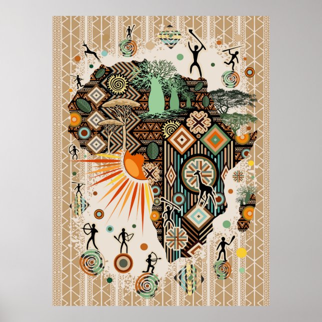 Afrika-Karten-Dekorative-Stammes-Elemente-Muster Poster (Vorne)