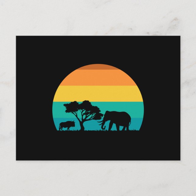 Afrika Sonnenuntergang mit Elefanten und Gnu Retro Postkarte (Vorderseite)