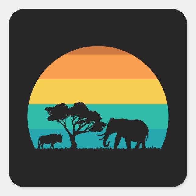 Afrika Sonnenuntergang mit Elefanten und Gnu Retro Quadratischer Aufkleber (Vorderseite)