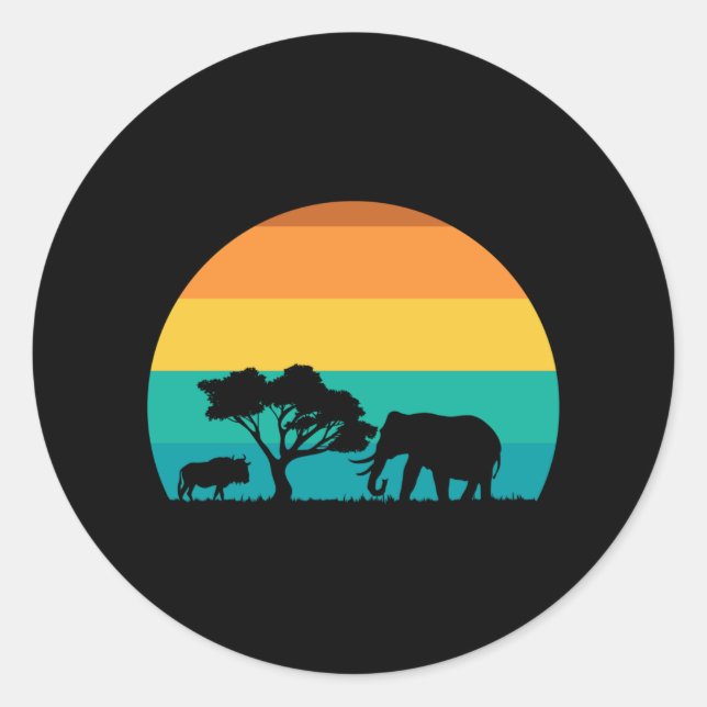 Afrika Sonnenuntergang mit Elefanten und Gnu Retro Runder Aufkleber (Vorderseite)