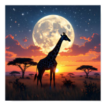Afrika-Sonnenuntergang-Mond-Giraffen-Poster