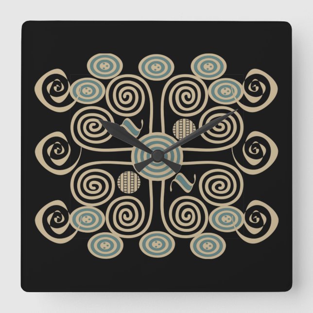 Afrikanisch abstrakt dekoriertes geometrisches Mus Quadratische Wanduhr (Vorderseite)