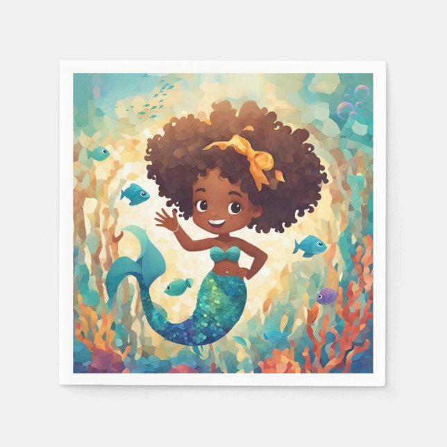 Afrikanisch-Amerikanerin Mermaid Birthday Napkin Serviette (Vorderseite)