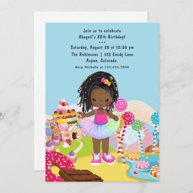 Afrikanisch-amerikanische Candy Land Girl Birthday Einladung (Vorne/Hinten)