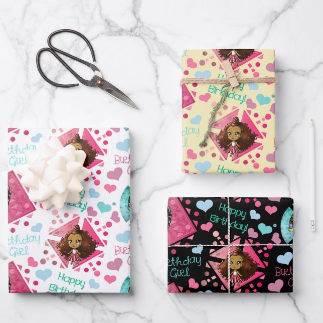 Afrikanisch-Amerikanische Chibi-Girls mit Herz zum Geschenkpapier Set (Vorderseite)