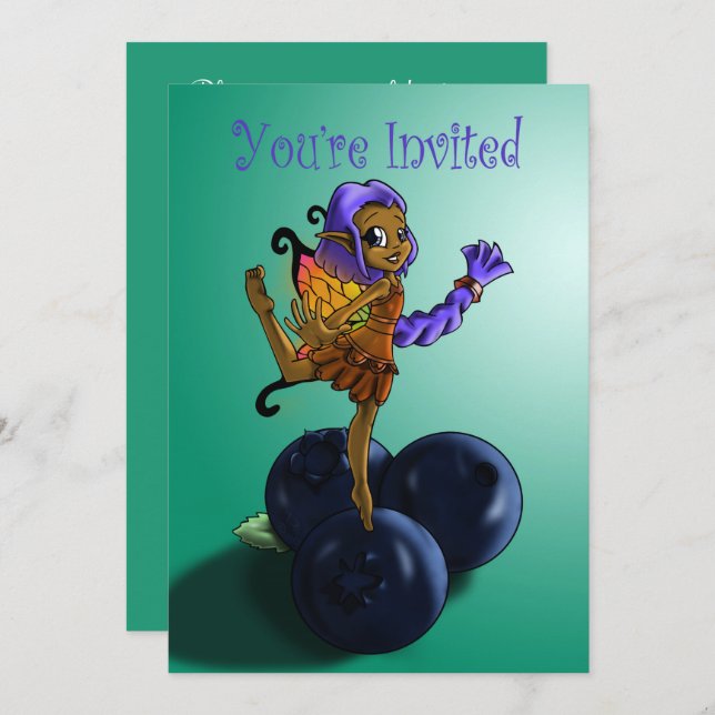 Afrikanisch-Amerikanische Fairy und Blueberry Gebu Einladung (Vorne/Hinten)