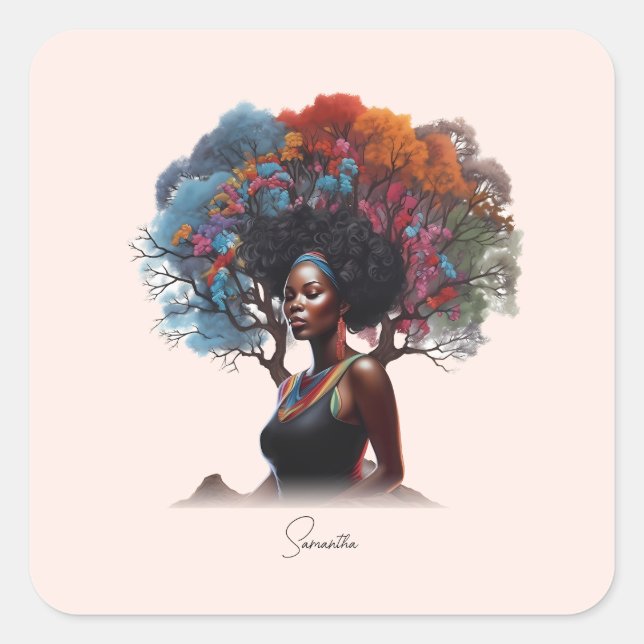 Afrikanisch-amerikanische Frau mit baumgeschmückte Quadratischer Aufkleber (Vorderseite)