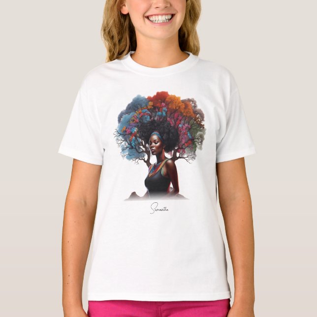 Afrikanisch-amerikanische Frau mit baumgeschmückte T-Shirt (Vorderseite)