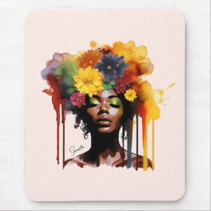 Afrikanisch-amerikanische Frau mit geblümtem Afro- Mousepad