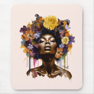 Afrikanisch-amerikanische Frau mit geblümtem Afro- Mousepad