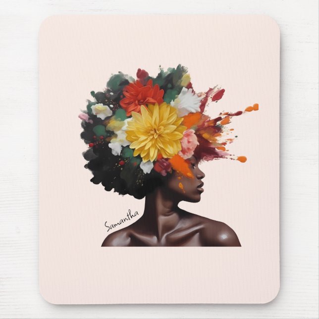 Afrikanisch-amerikanische Frau mit geblümtem Afro- Mousepad (Vorne)
