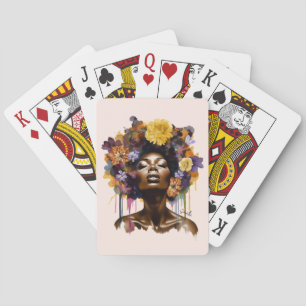 Afrikanisch-amerikanische Frau mit geblümtem Afro- Spielkarten