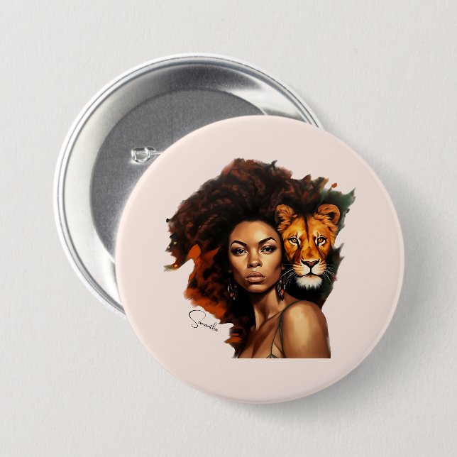 Afrikanisch-amerikanische Frau mit Majestic Lion Button (Vorne & Hinten)