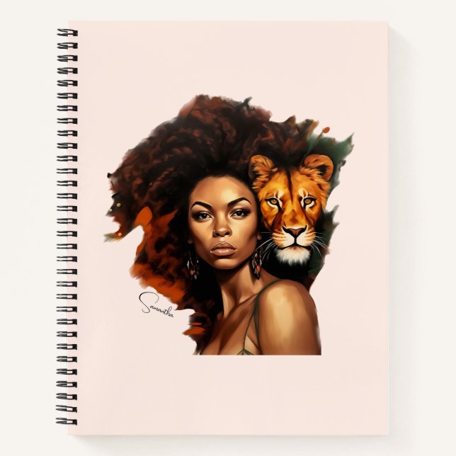 Afrikanisch-amerikanische Frau mit Majestic Lion Notizbuch (Vorderseite)
