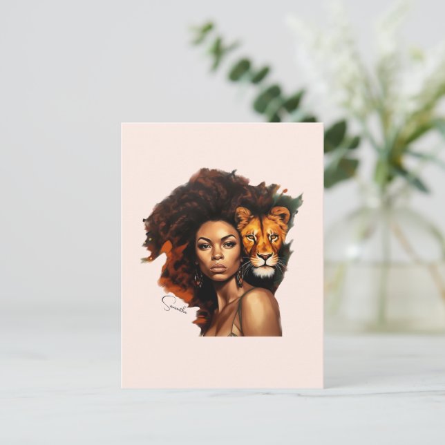Afrikanisch-amerikanische Frau mit Majestic Lion Postkarte (Stehend Vorderseite)