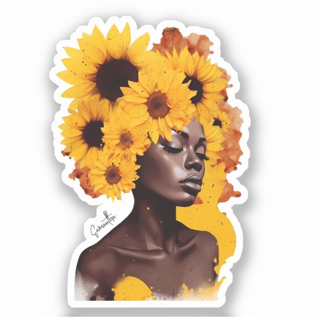 Afrikanisch-amerikanische Frau mit Sonnenblume Afr Aufkleber (Vorderseite)