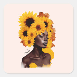 Afrikanisch-amerikanische Frau mit Sonnenblume Afr Quadratischer Aufkleber