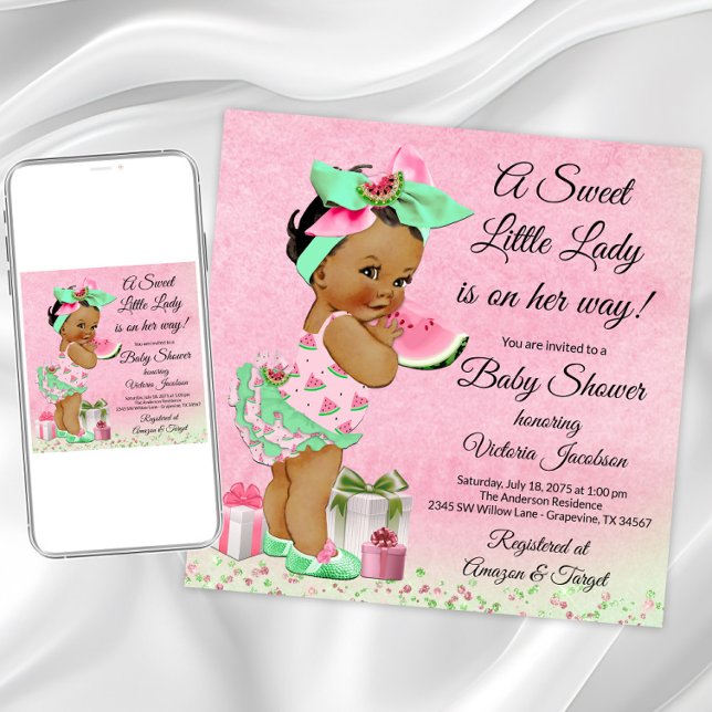 Afrikanisch-amerikanische Girl Watermelon Baby Sho Einladung (Cute watermelon baby shower invitation. Instant download and printed invitations available.)