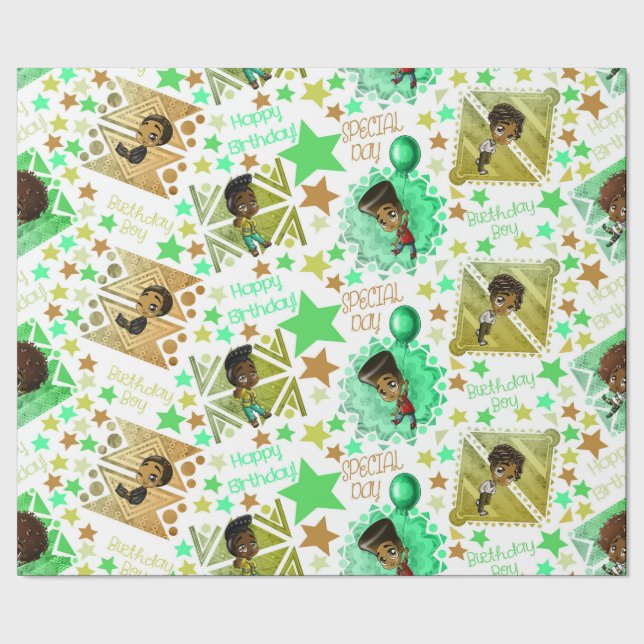 Afrikanisch-amerikanische Jungen zum Geburtstag Geschenkpapier (Saum)