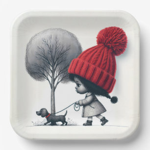 Afrikanisch-amerikanische Mädchen, die ihren Hund  Pappteller