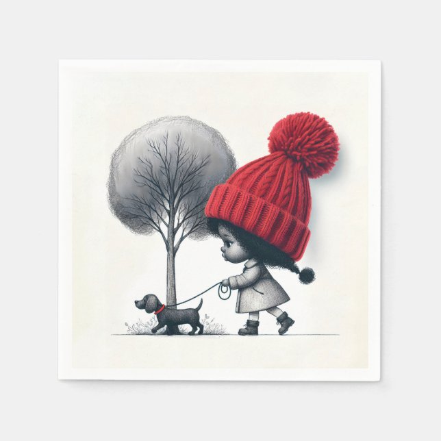 Afrikanisch-amerikanische Mädchen, die ihren Hund  Serviette (Vorderseite)