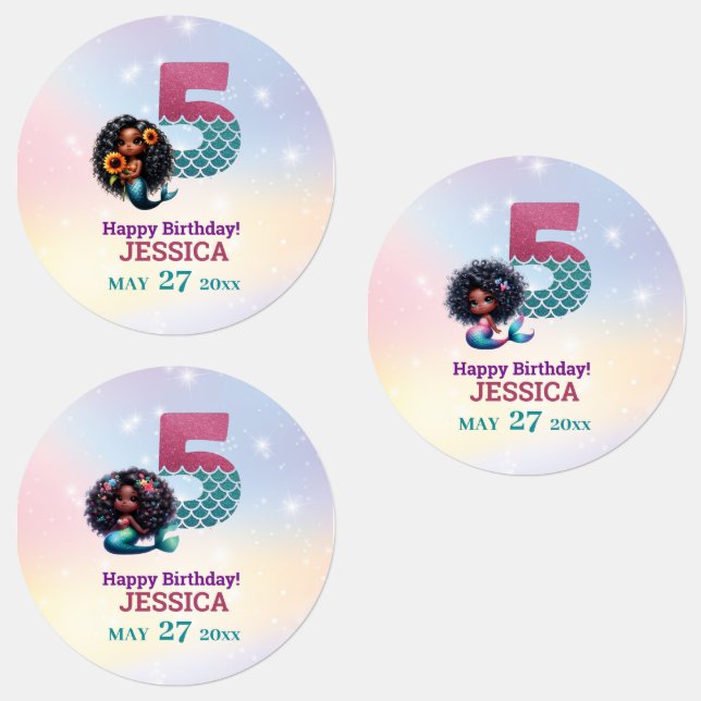 Afrikanisch-Amerikanische Meerjungfrau 5. Geburtst Etiketten (Gruppe)