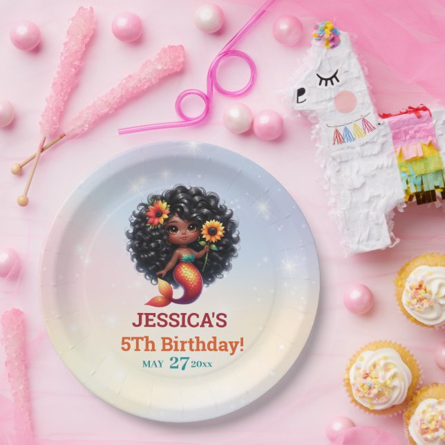 Afrikanisch-Amerikanische Meerjungfrau 5. Geburtst Pappteller (Party)