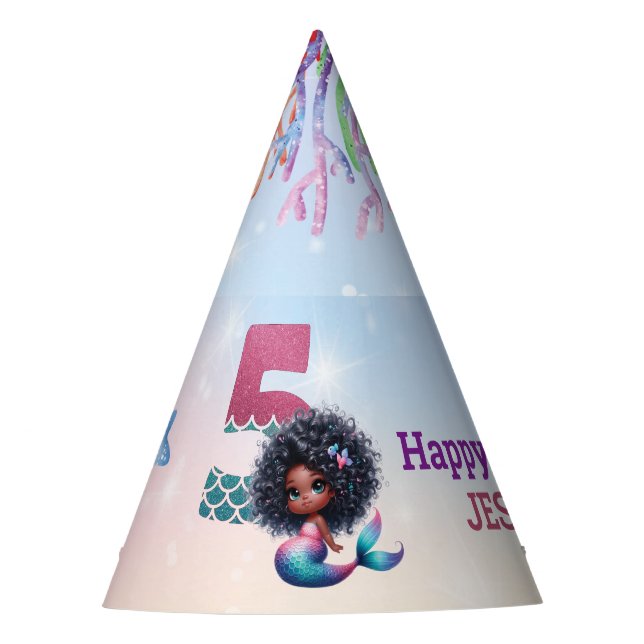 Afrikanisch-Amerikanische Meerjungfrau 5. Geburtst Partyhütchen (Vorderseite)