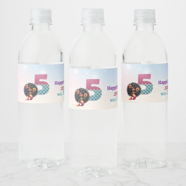 Afrikanisch-Amerikanische Meerjungfrau 5. Geburtst Wasserflaschenetikett (Flaschen)
