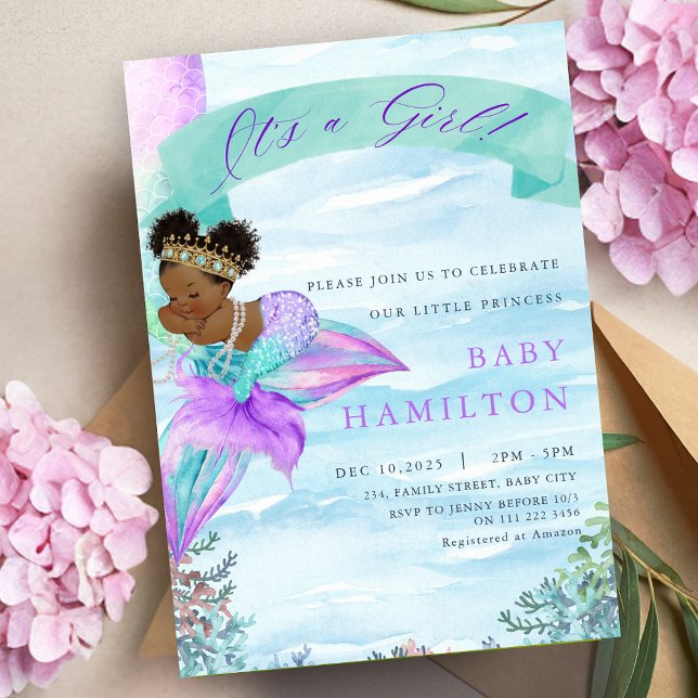 Afrikanisch-amerikanische Meerjungfrau Kinderdusch Einladung (African American Mermaid Baby Shower Invitation)