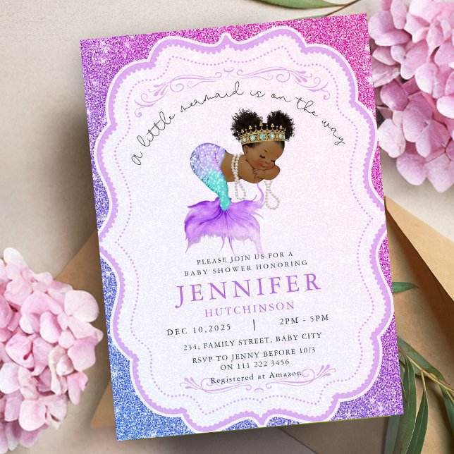 Afrikanisch-amerikanische Meerjungfrau Kinderdusch Einladung (African American Mermaid Baby Shower Invitation)