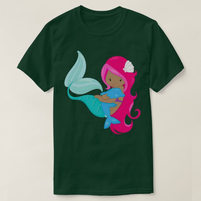 Afrikanisch-Amerikanische Meerjungfrau Pink Hair D T-Shirt (Design vorne)