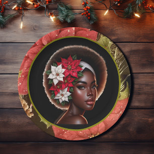 Afrikanisch-amerikanische Schönheit mit Poinsettia Pappteller