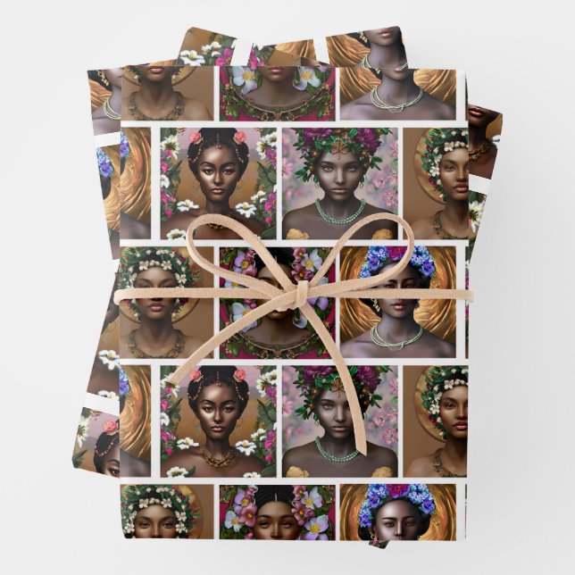 Afrikanisch-amerikanische schwarze Goddesses zum G Geschenkpapier Set (Beispiel)