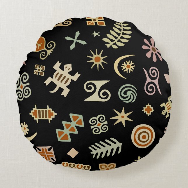 Afrikanische Adinkra-Symbole Rundes Kissen (Vorderseite)
