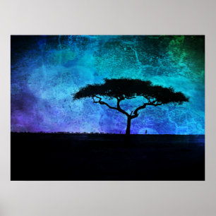 Afrikanische Akazienbaumlandschaft in Blau und Lil Poster
