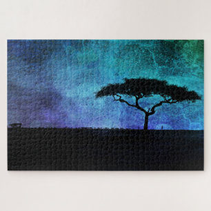 Afrikanische Akazienbaumlandschaft in Blau und Lil Puzzle