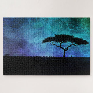 Afrikanische Akazienbaumlandschaft in Blau und Lil Puzzle