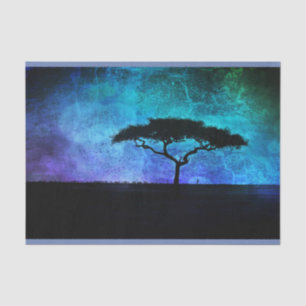 Afrikanische Akazienbaumlandschaft in Blau und Lil Seidenpapier