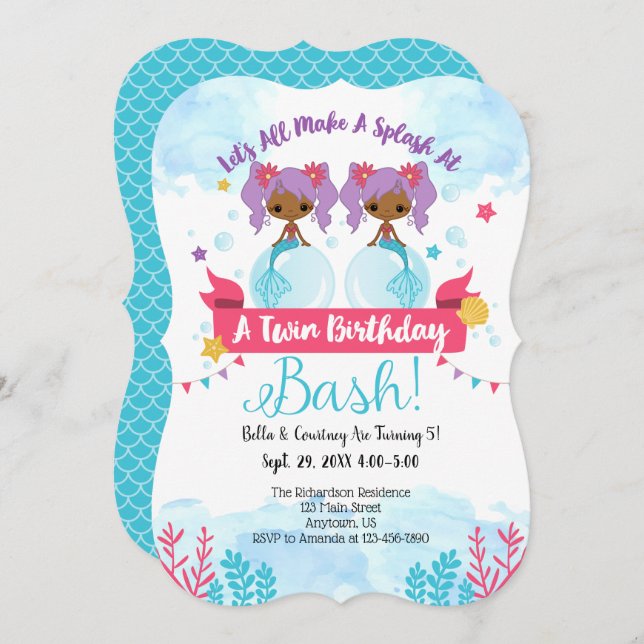 Afrikanische Amerikaner Twins Mermaid Birthday Ein Einladung (Vorne/Hinten)