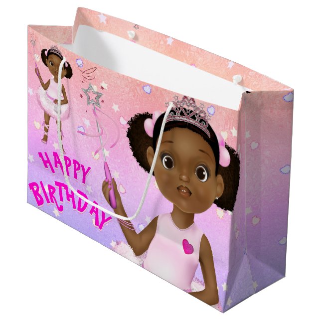 Afrikanische Amerikanerin Ballerina Fairy Princess Große Geschenktüte (Vorderseite Schrägansicht)