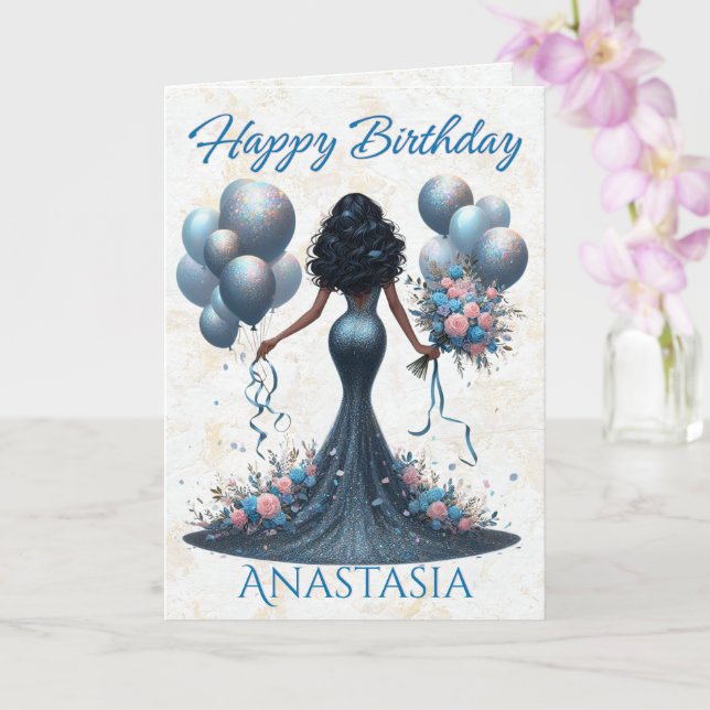 Afrikanische Amerikanerin Glamour Blue Birthday Karte (Orchidee)