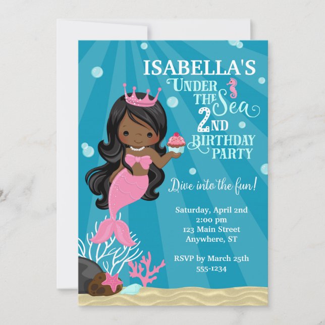 Afrikanische Amerikanerin Meerjungfrau 2ND Geburts Einladung (Vorderseite)