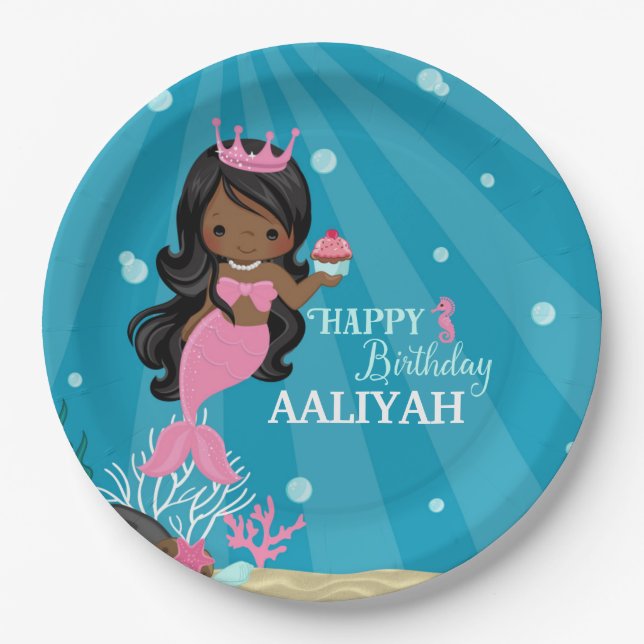 Afrikanische Amerikanerin Mermaid Birthday Pappteller (Vorderseite)