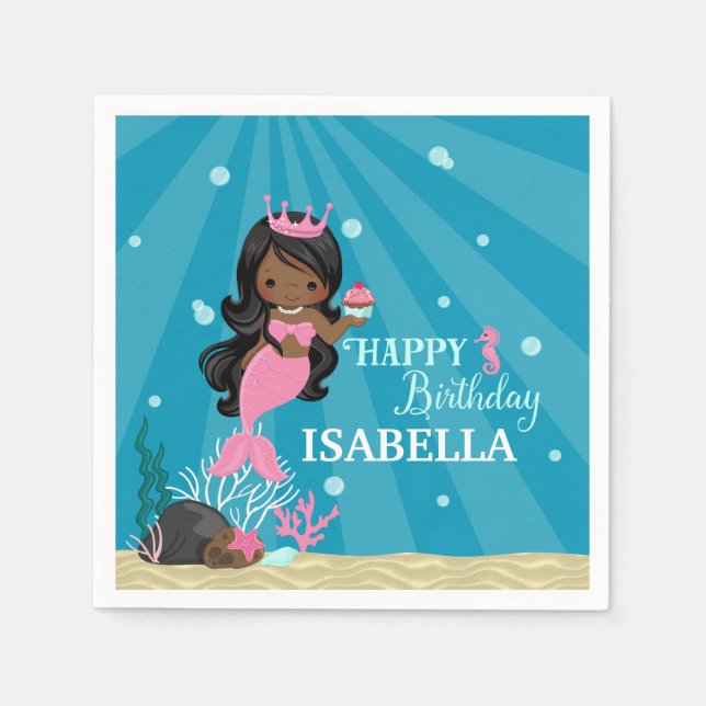 Afrikanische Amerikanerin Mermaid Birthday Serviette (Vorderseite)