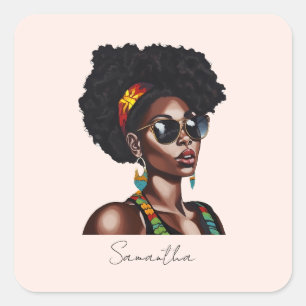 Afrikanische Amerikanerin mit schicke Sonnenbrille Quadratischer Aufkleber