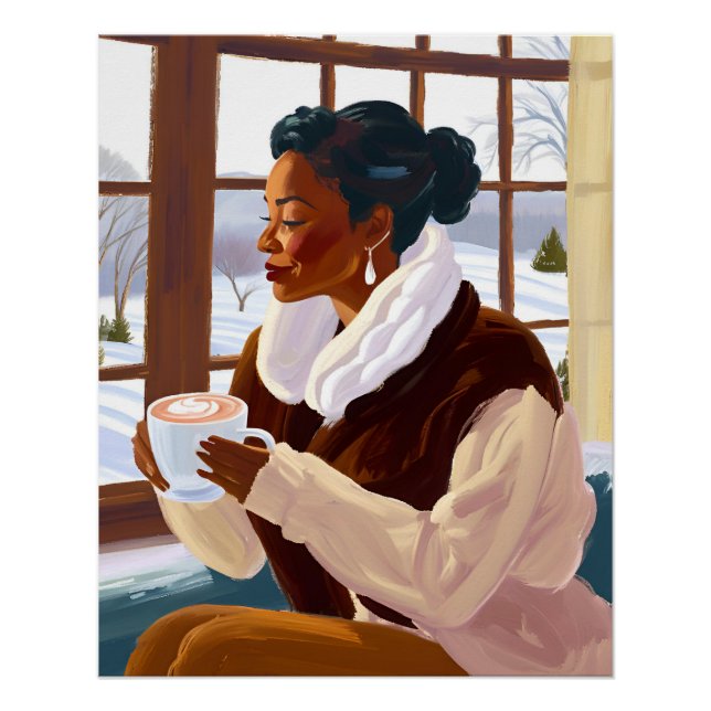 Afrikanische Amerikanerin Sipping Kakao im Winter Poster (Vorderseite)